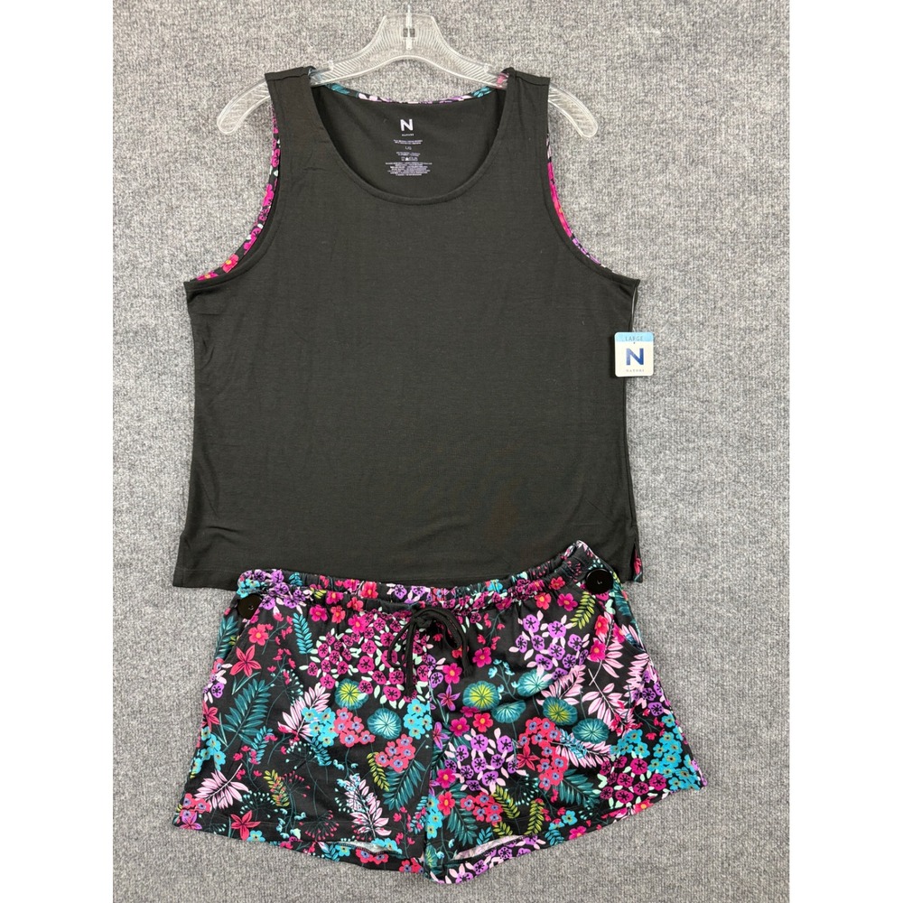 Natori Womens Pajama Set Black Floral Tank Top Shorts Size Large NEW NWT Soft